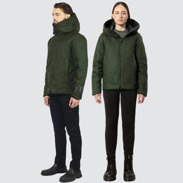 male and female model, both wearing green bomber style winter coats