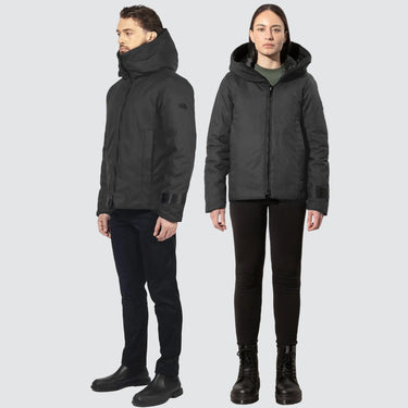 male and female model, both wearing grey winter coats in a bomber jacket style