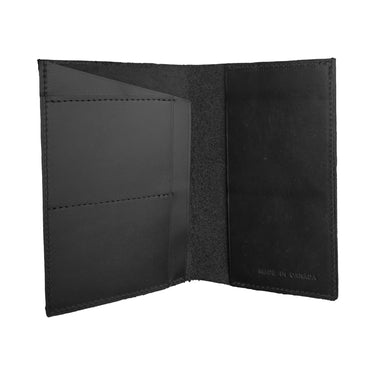 Black leather wallet open on a light gray background