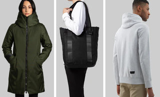 collage of three pictures showcasing sustainable products. female faces the camera wearing an evergreen 3/4 parka with black pants(left), female model from the jaw down holding a black tote(center), male model displays graphite hoodie(right)