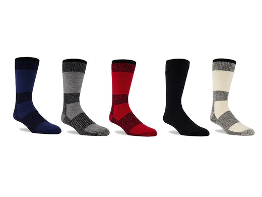 Merino wool socks in (navy, evergreen, red, black and natural colors) appear on a lateral row against a white background