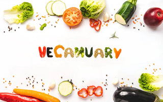 A mix of vegetables and written in the center is the word: Veganuary