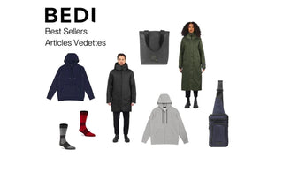 Image of items from bedi studios brand that are best sellers in outerwear, knits and bags.
