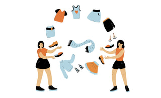 A drawing depicting two females juggling with various clothing elements and accessories