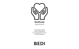 Image depicting the definition of Gratitude, above it sits an icon representing it (a heart inside of two hands) in black in front of a white background.