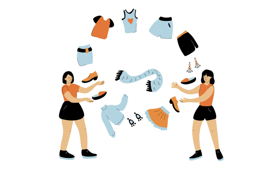 A drawing depicting two females juggling with various clothing elements and accessories