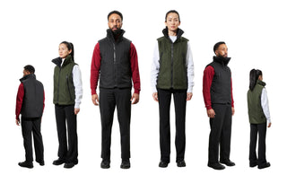 Several ecomm photos of a male and female model wearing Bedi sweaters and vests have been edited to form a triangle shape