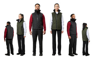 Several ecomm photos of a male and female model wearing Bedi sweaters and vests have been edited to form a triangle shape