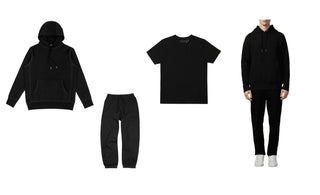 A flatlay of black Bedi sweatpants, hoodie and tshirt, and a male model wearing the items