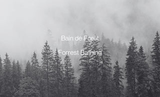 A black and white image of the tops of trees in a forest, with the words 'forest bathing' superimposed on top