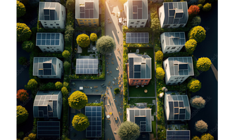 An aerial view of a small neighbourhood with solar panels on the roof of every house