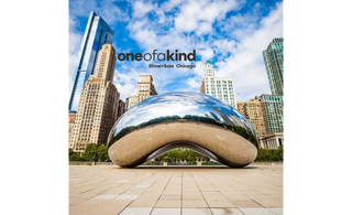 The bean sculpture in Chicago, with the details of the Chicago spring OOAK show superimposed over the blue sky
