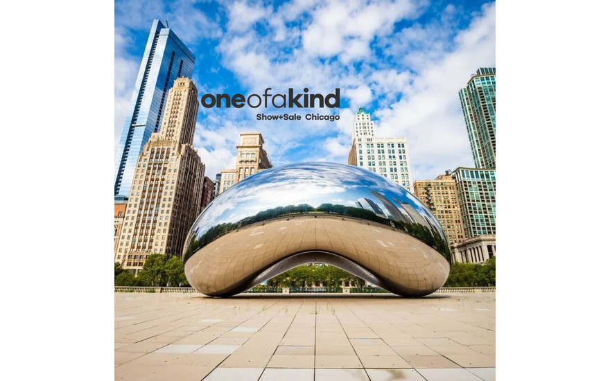 The bean sculpture in Chicago, with the details of the Chicago spring OOAK show superimposed over the blue sky