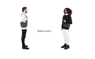 quiet Luxury title picture displaying male (right) and female (left) model with wearing minimalist loungewear and utilitarian bags on white background
