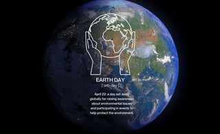 The earth as viewed from space, with info about earth day superimposed over a satelite 