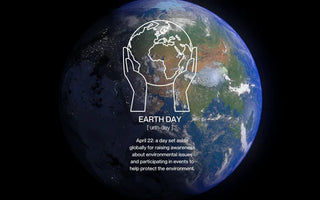 The earth as viewed from space, with info about earth day superimposed over a satelite 