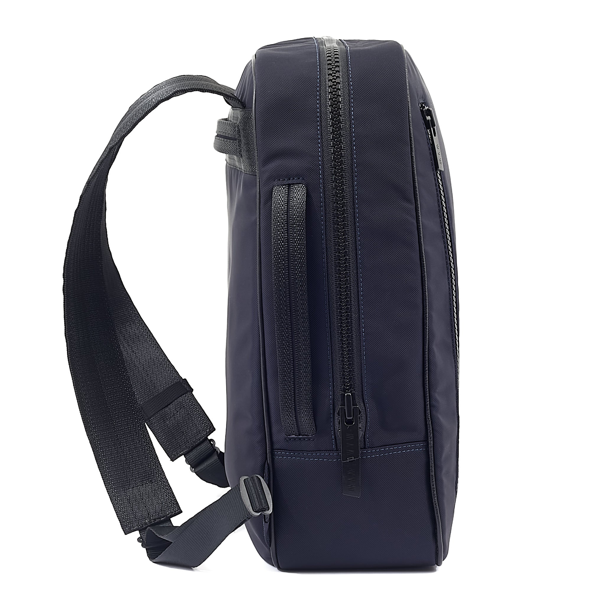 Navy CHE backpack in econyl side view in front of a white background