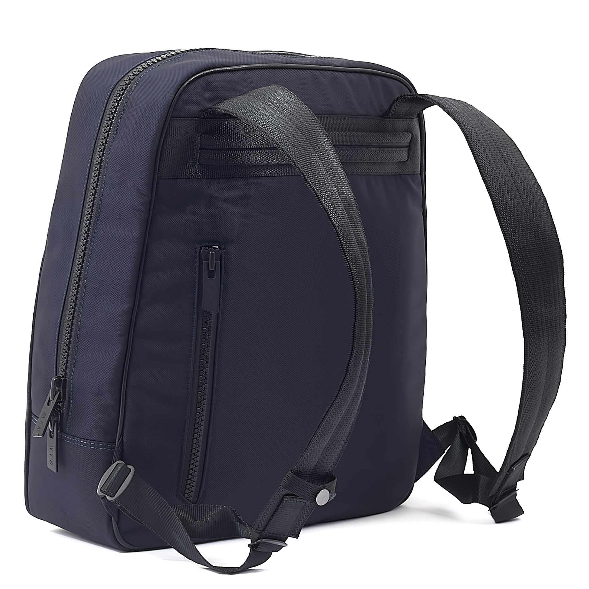 Navy CHE backpack in econyl back view in front of a white background