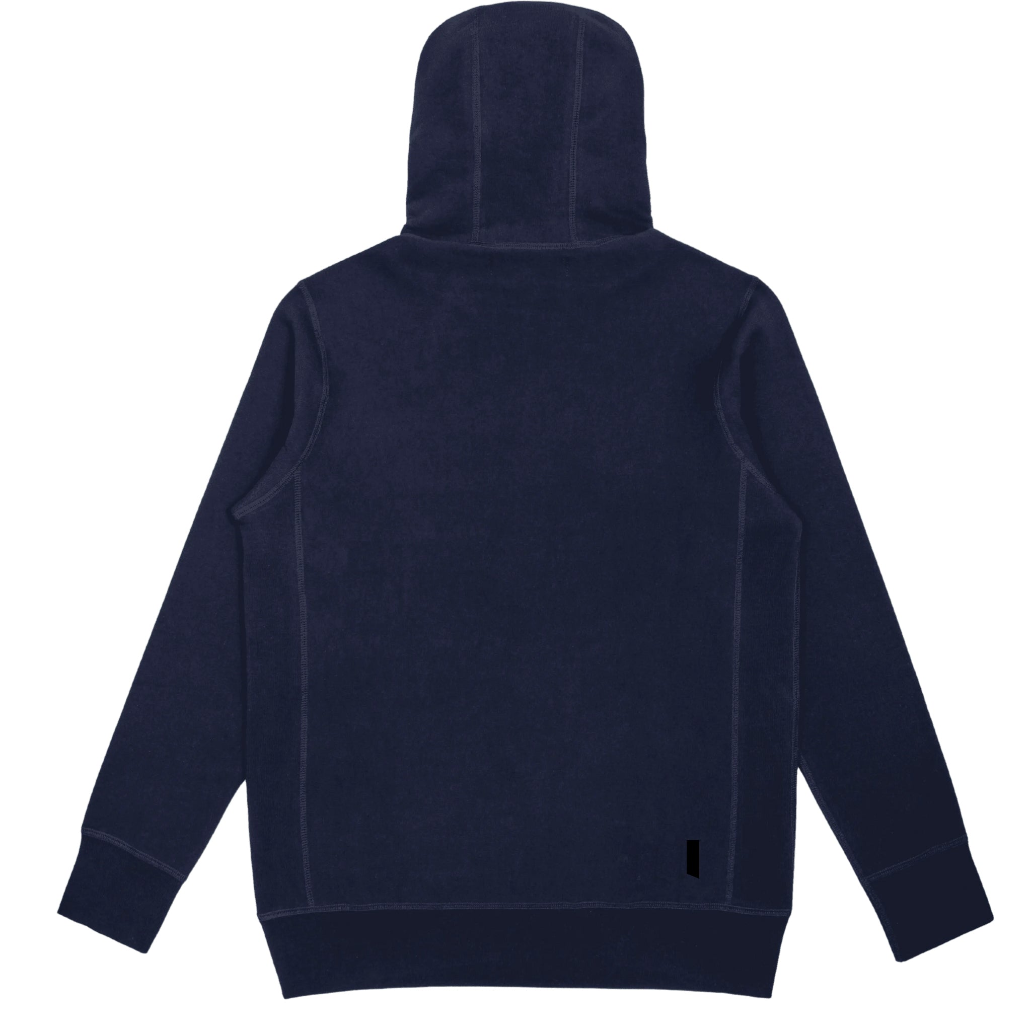 Back view of heavyweight zip hoodie in navy cotton on a white background