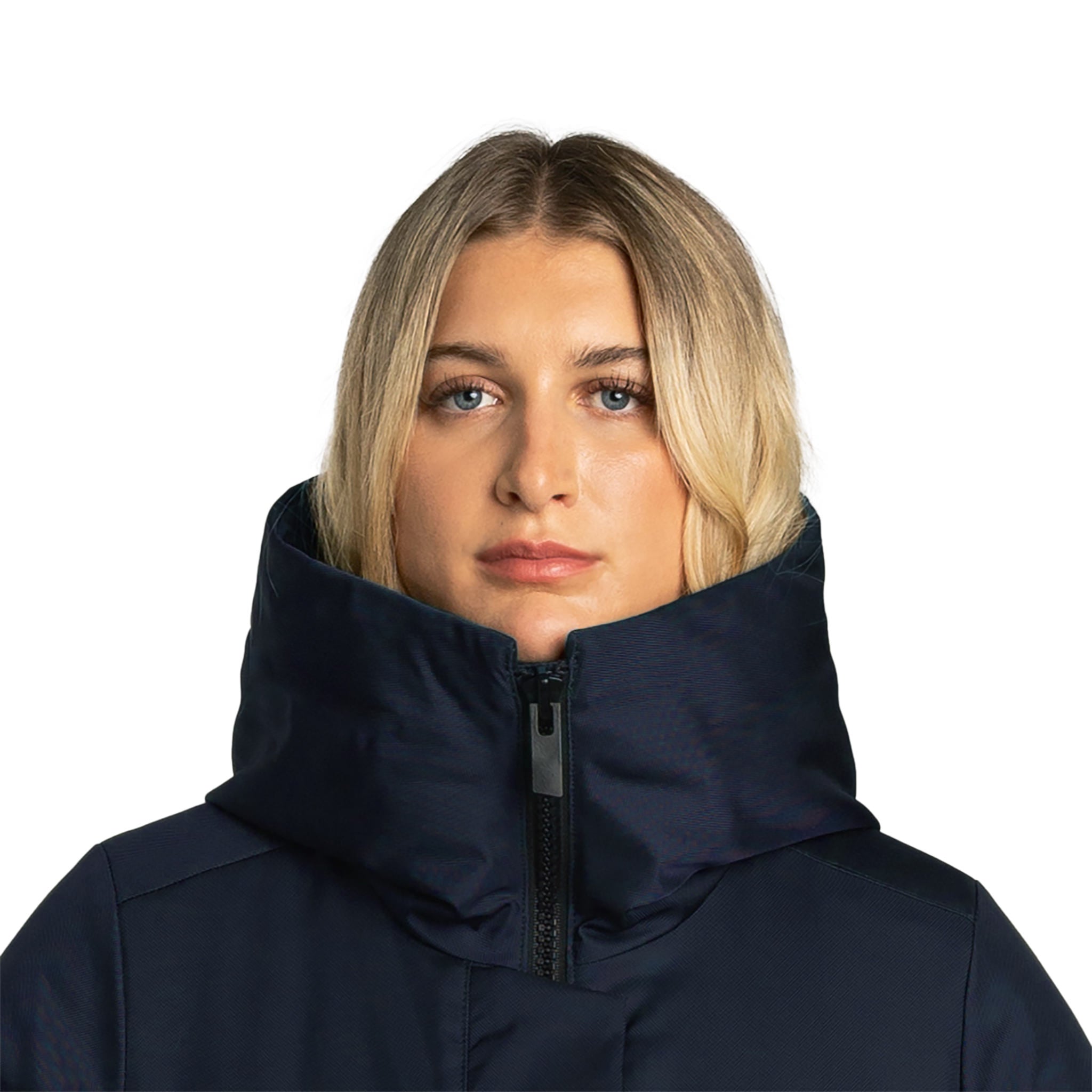 Big close up of the Christiana 3/4 parka in evergreen front view on model in front of a white background.