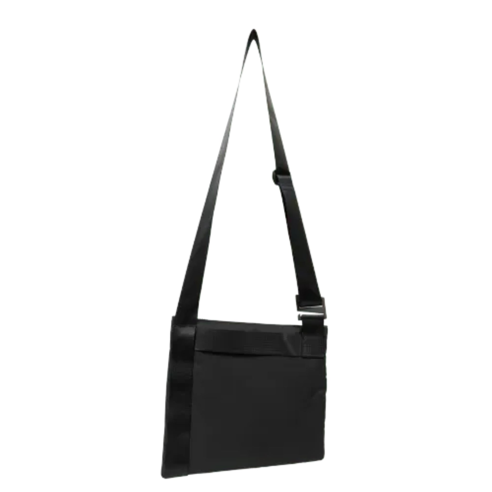 The back of theANDO satchel in black upcycled fishnets (econyl). Product shown at the front/center of a white background