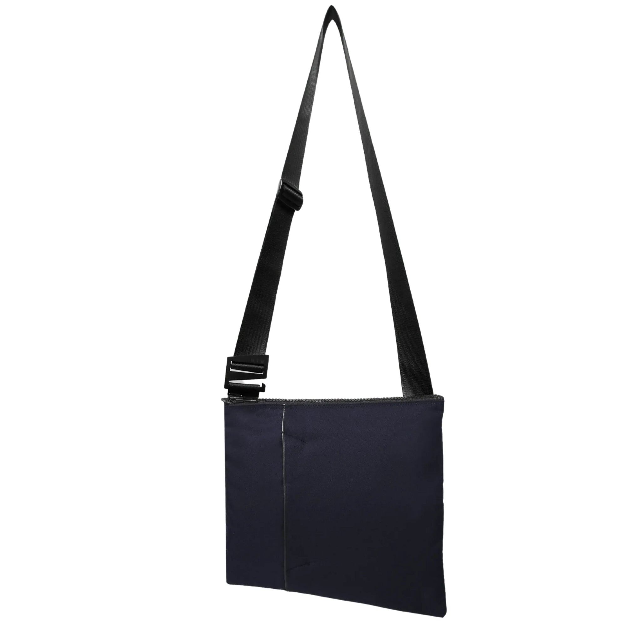 The ANDO satchel in navy upcycled fishnets (econyl). Product shown at the front/center of a white background