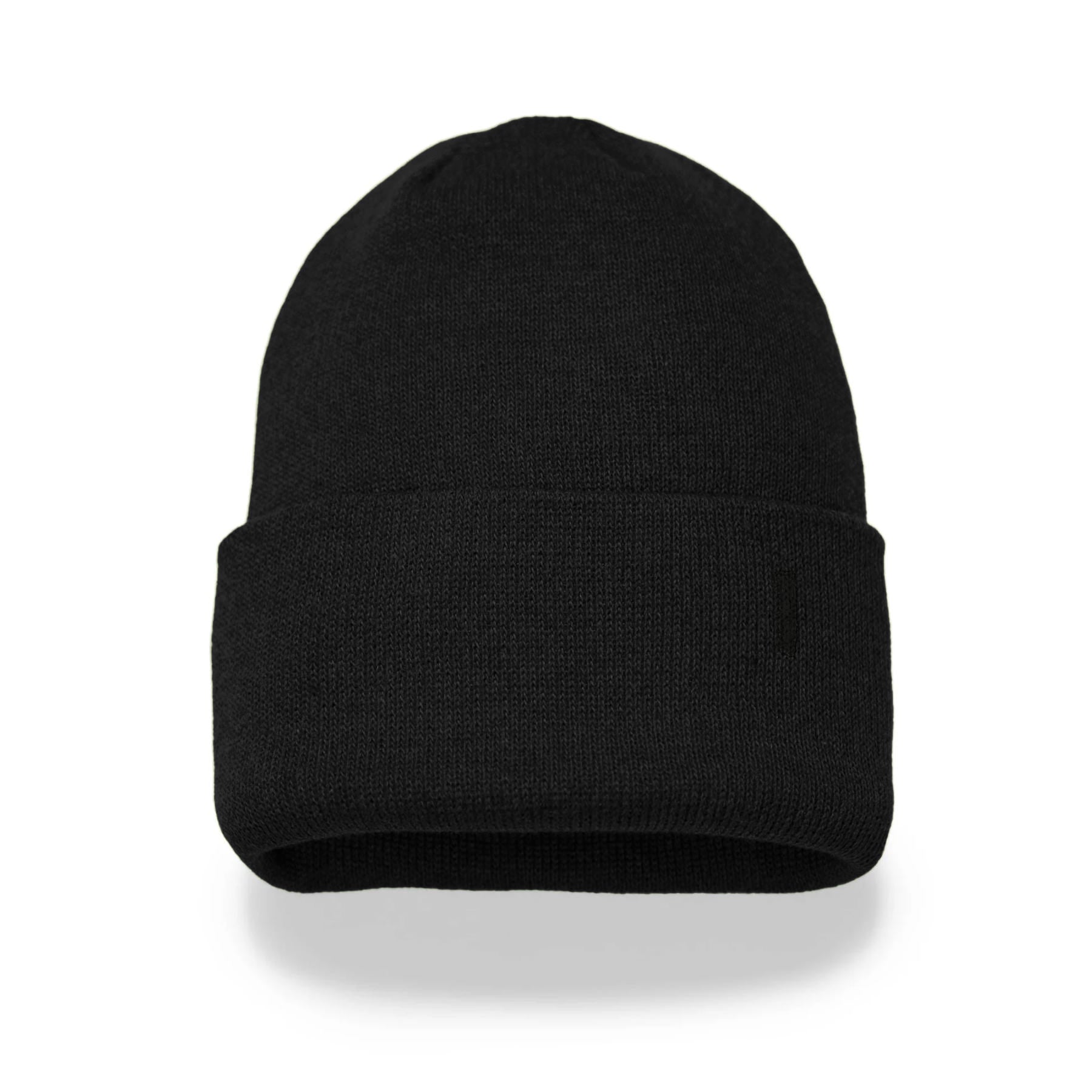 Black knit beanie-style hat on white background