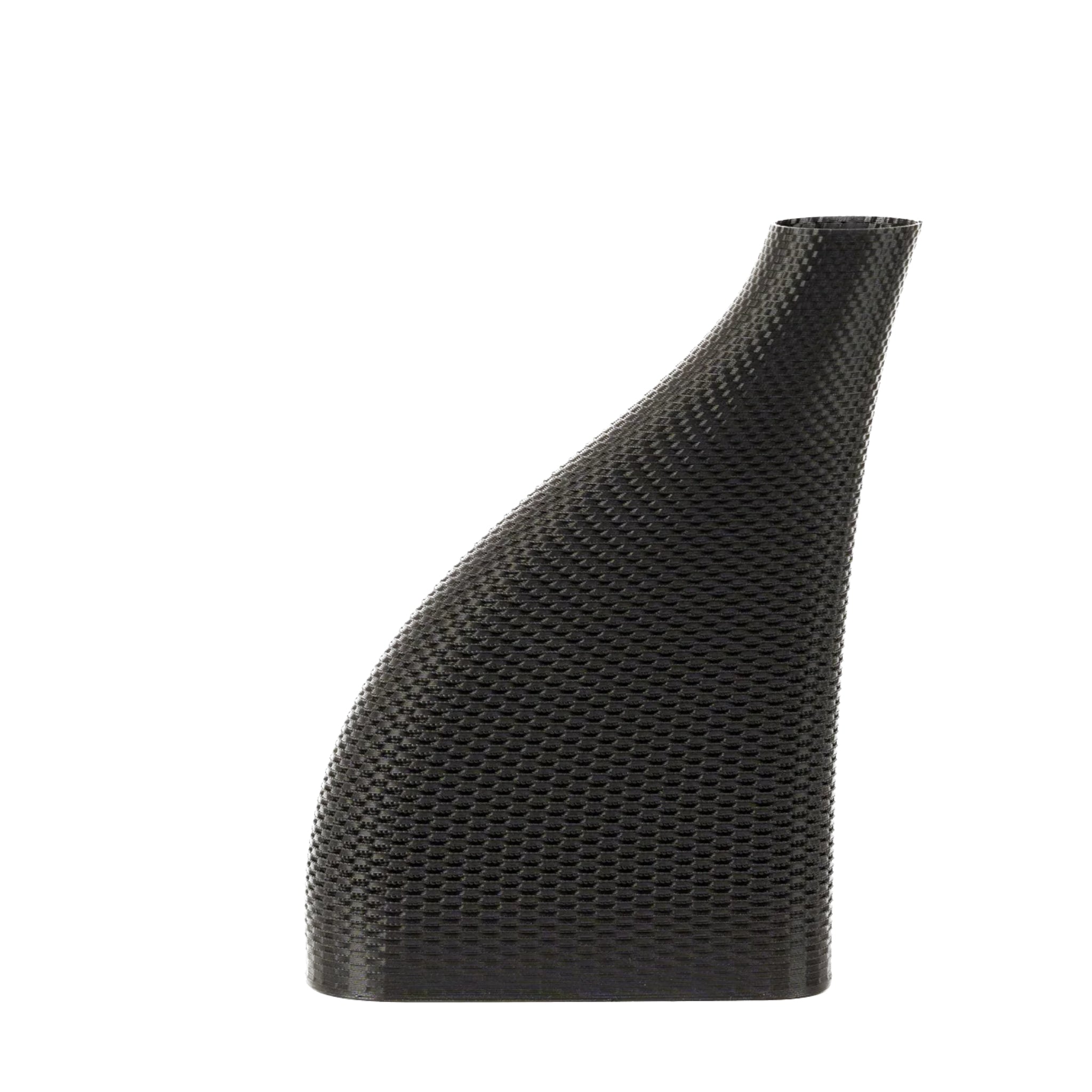 Cyrc wicker vase in black. 3D printed recycled plastic. Product placed in front of a white background