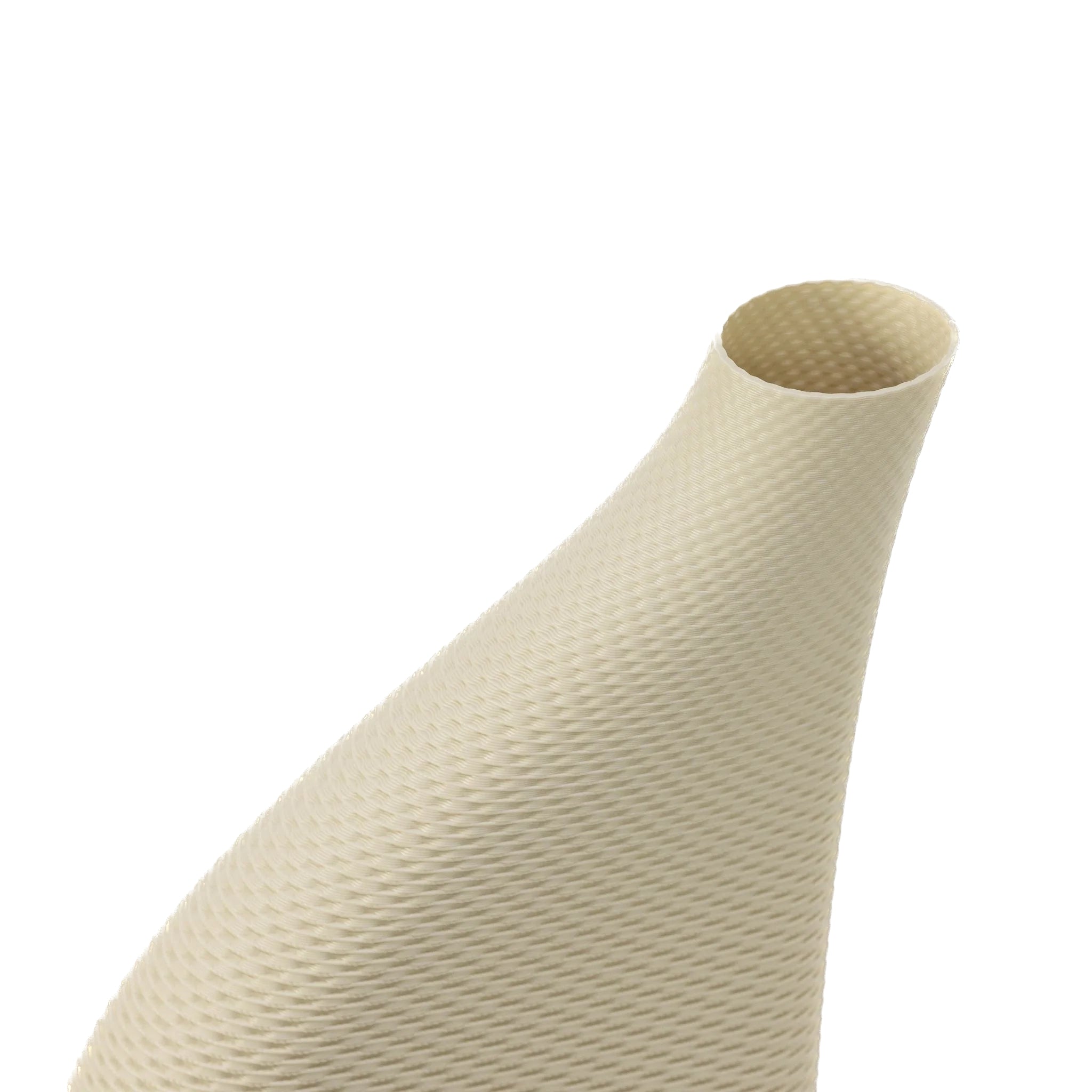 Close up of the Cyrc wicker vase in eggshell. 3D printed recycled plastic. Product placed in front of a white background