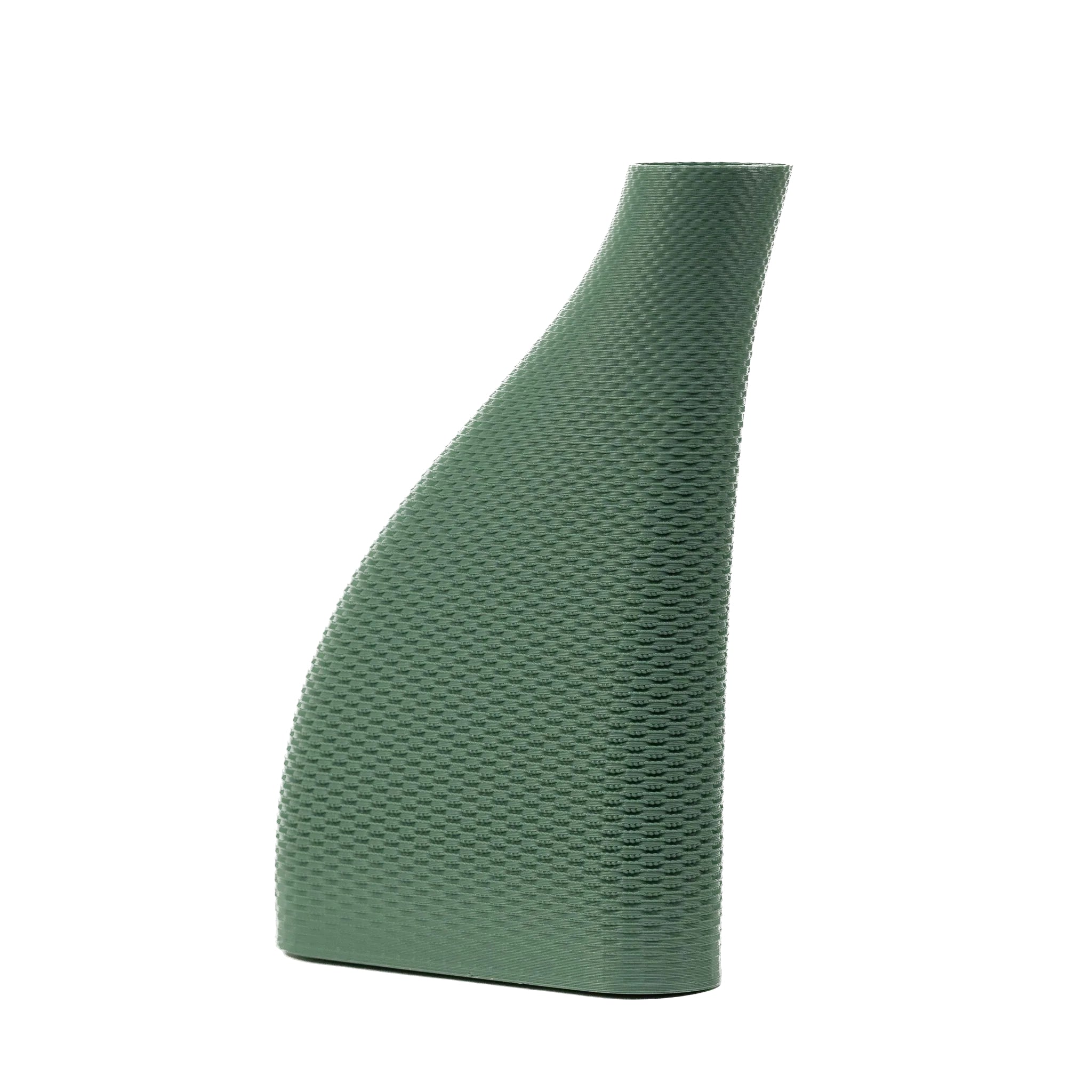 An angled view of Cyrc wicker vase in green. 3D printed recycled plastic. Product placed in front of a white background