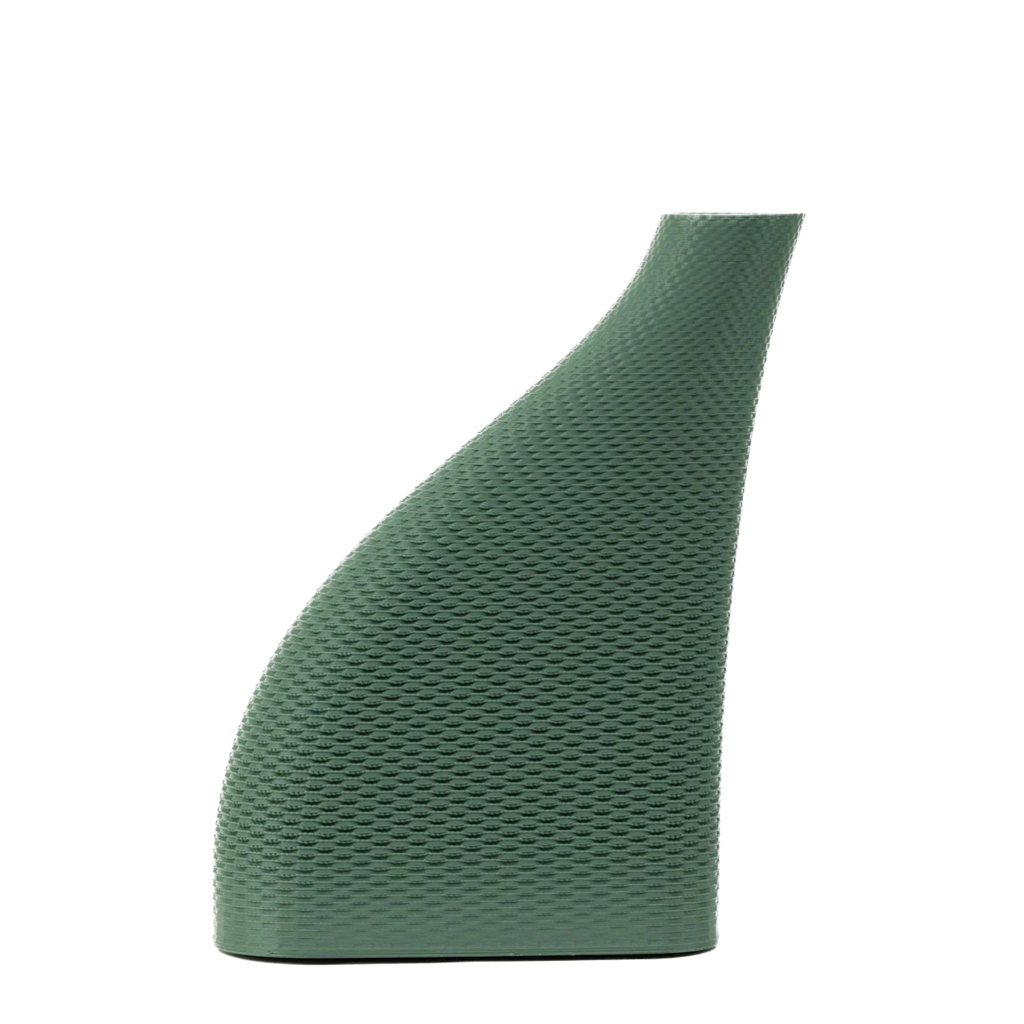 Cyrc wicker vase in green. 3D printed recycled plastic. Product placed in front of a white background