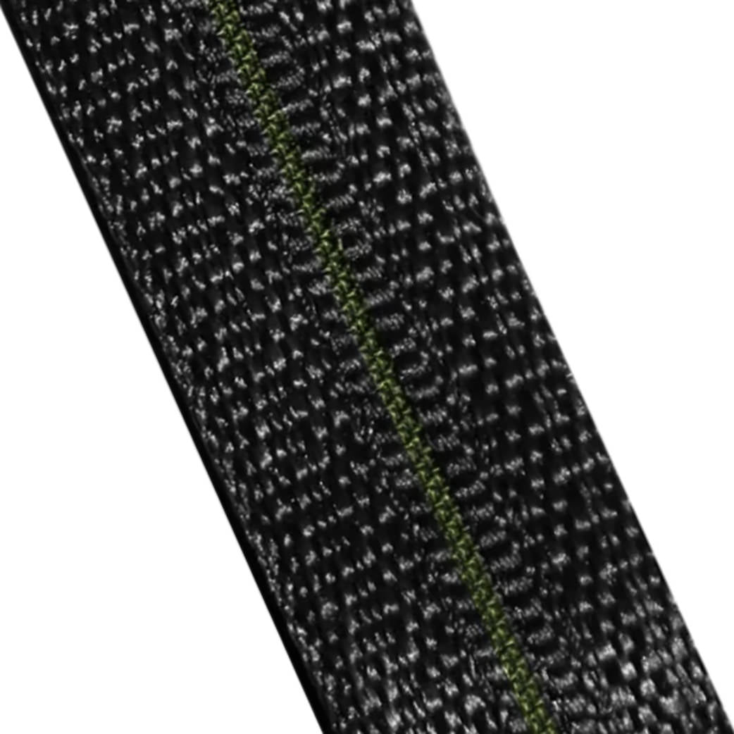 Close up of black keychain made from seatbelt material, with thin line of inset green down the middle