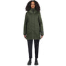 Female model facing front of camera wearing a christiana green coat, against a white background