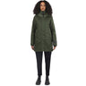 Female model facing front of camera wearing a christiana green coat, against a white background