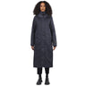Navy blue long women's winter coat on a female model