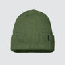 Green knit beanie with a small black bedi logo, on a white background