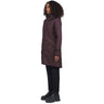 A female model wearing a purple knee length winter coat