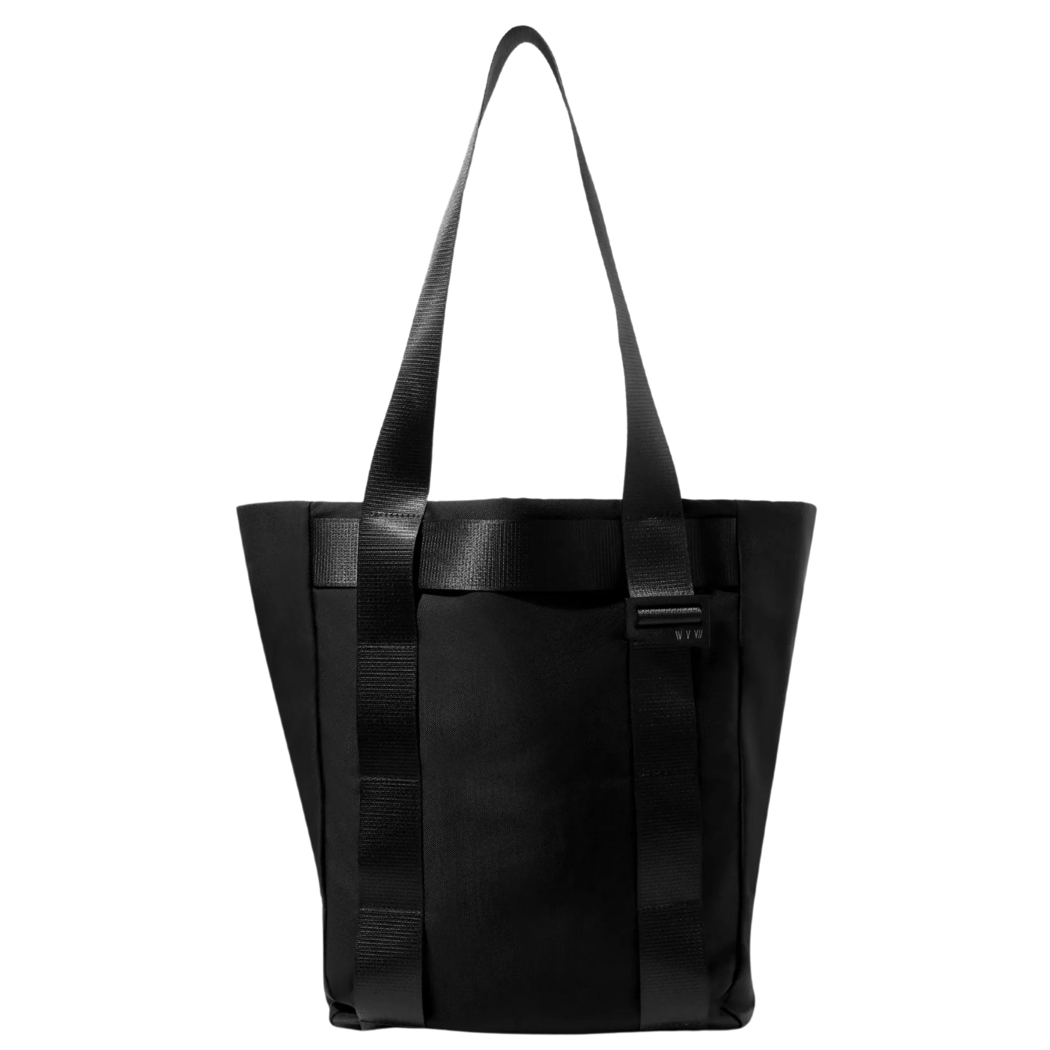 Medium sized Black tote bag, utilitarian style. On a white background.