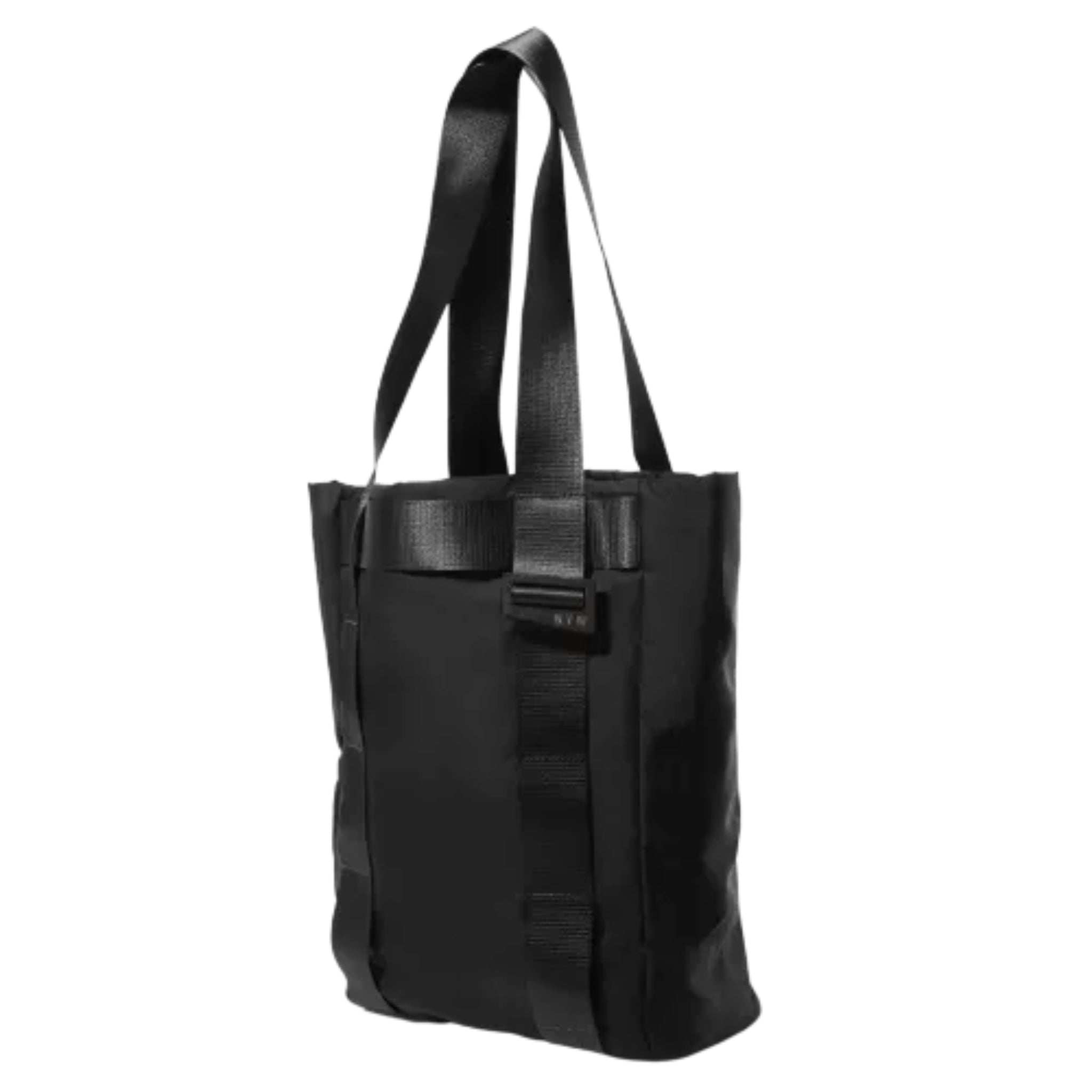Picture showing off the side of the medium sized Black tote bag, utilitarian style. On a white background.