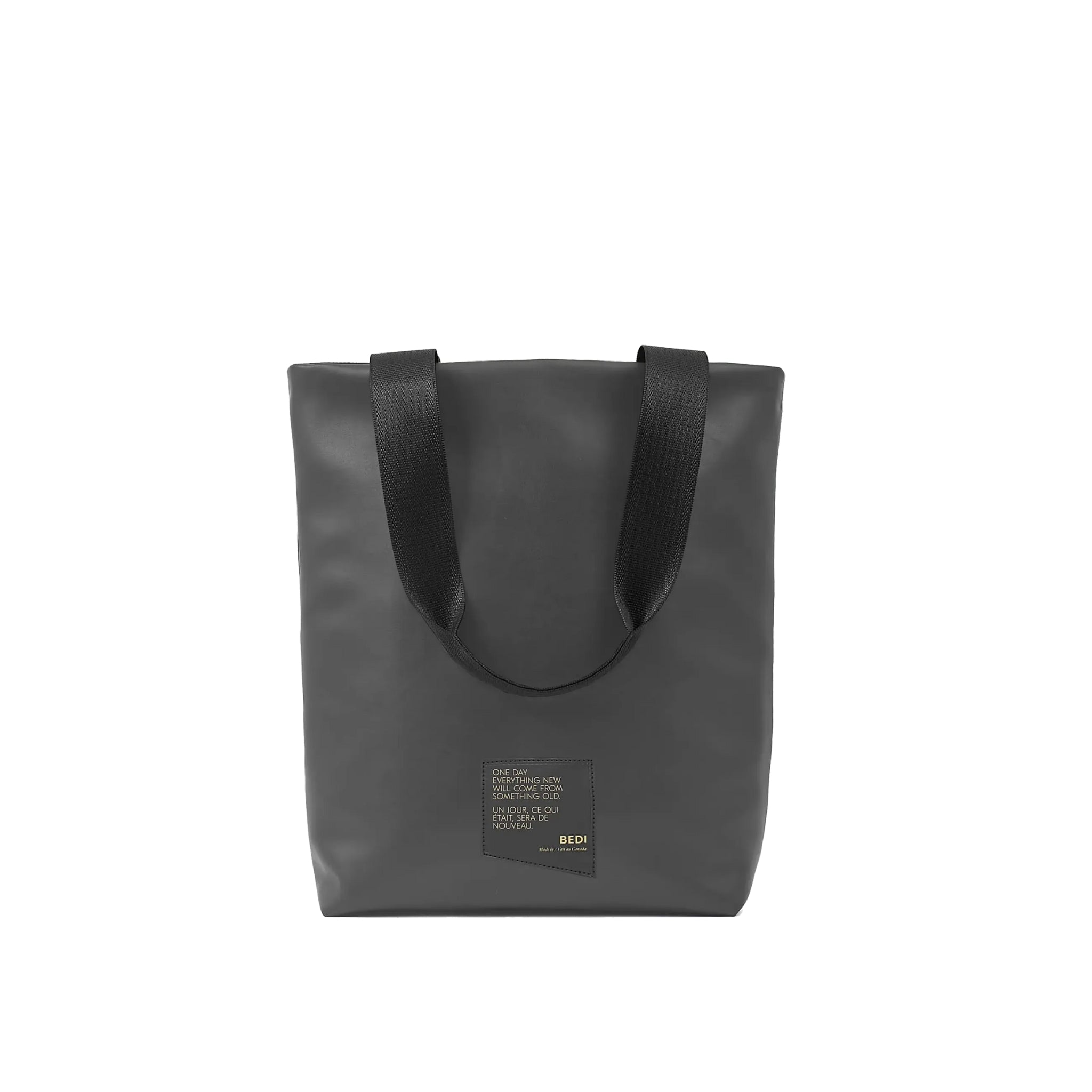 Front view of utilitarian style medium sized tote in grey vegan leather (Desserto), on white background.