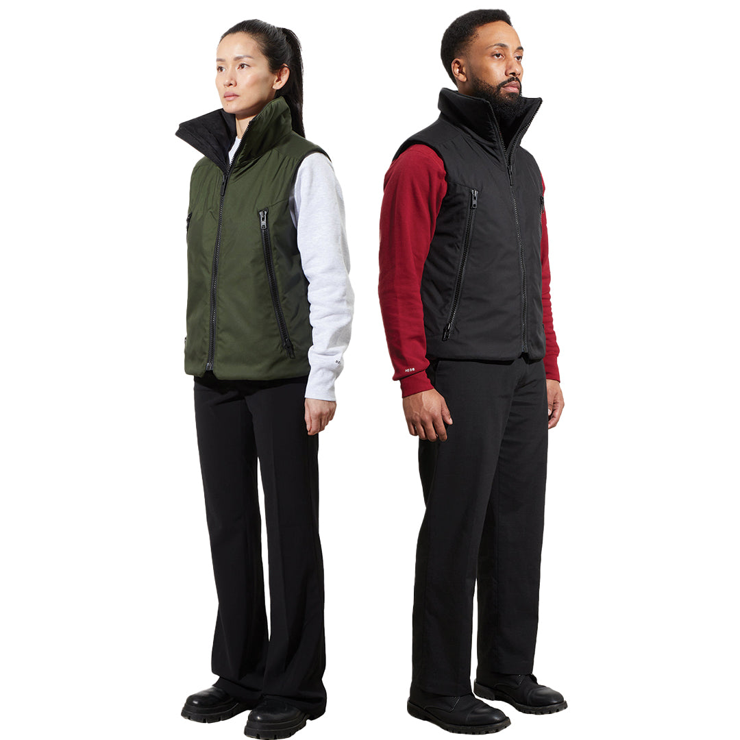 model sside facing camera female model (left) wearing montcalm evergreen and male model (right) wearing black montcalm