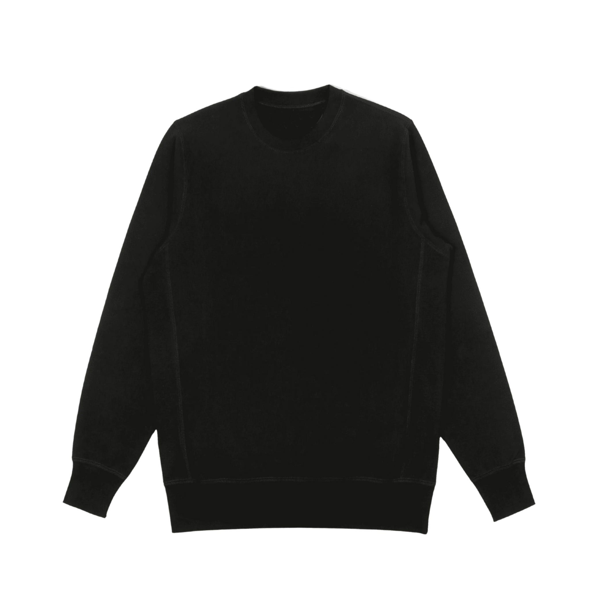 Front view of black heavyweight knit crewneck in 100% cotton