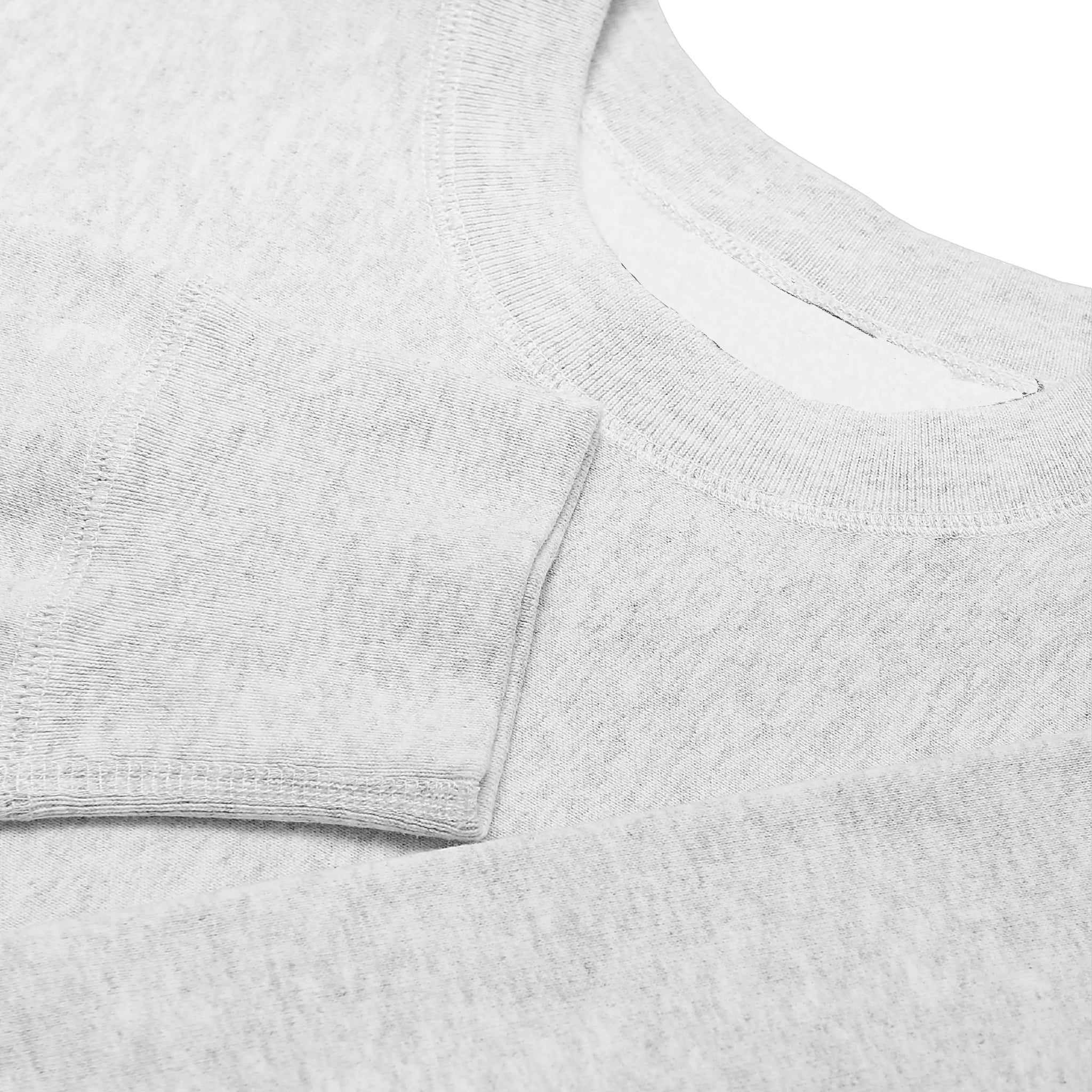 knit detail of heavyweight crewneck in 100% light grey cotton.