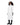 A woman modeling a long white coat with black trim details on the cuffs and collar, paired with black pants and boots, against a plain white background.