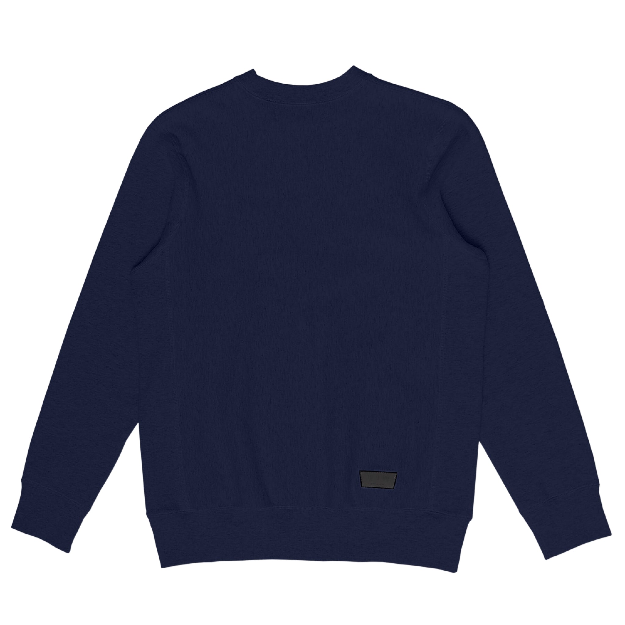 back view of a Bedi' "second life" program navy crewneck against a white background