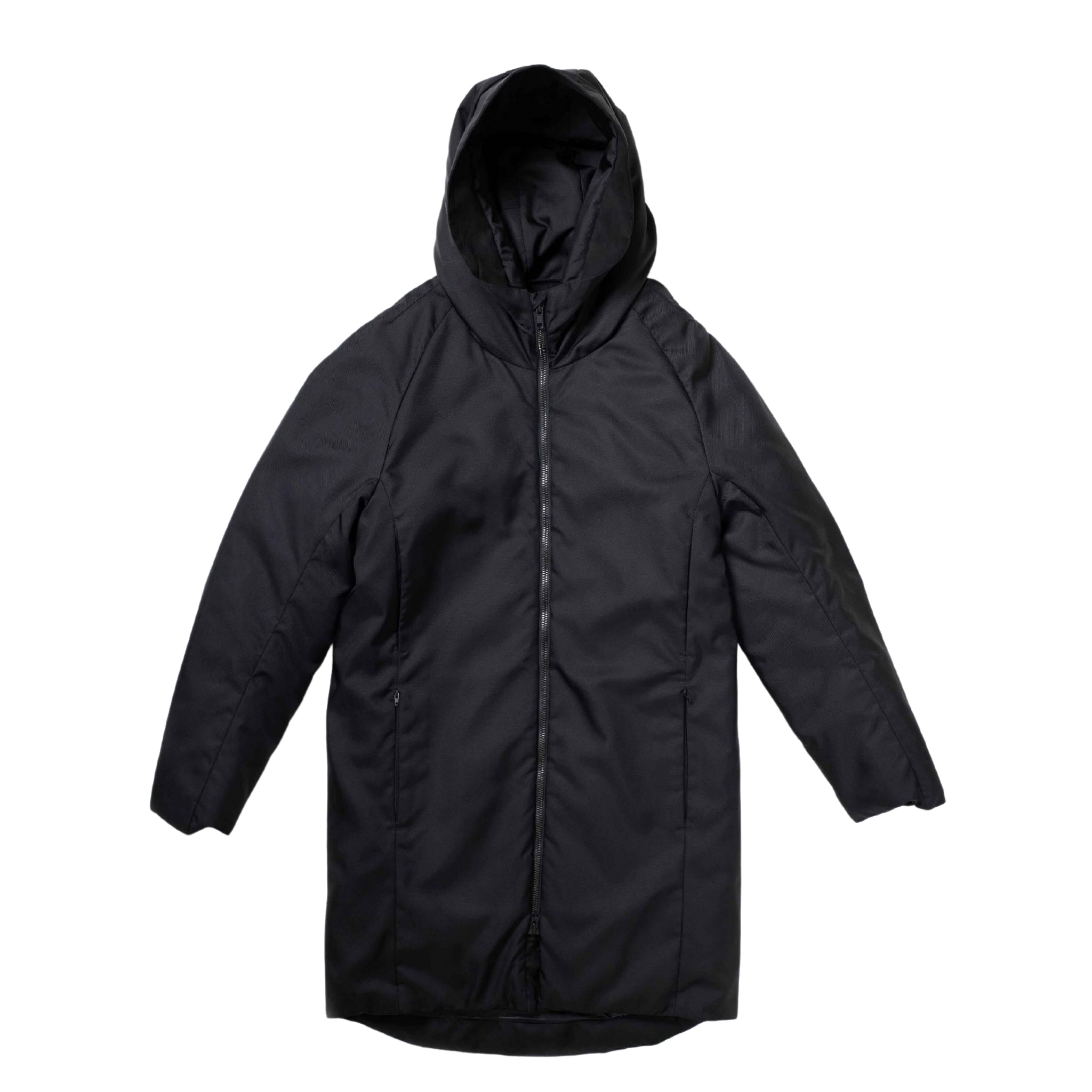 Front view of black 3/4 parka against white background