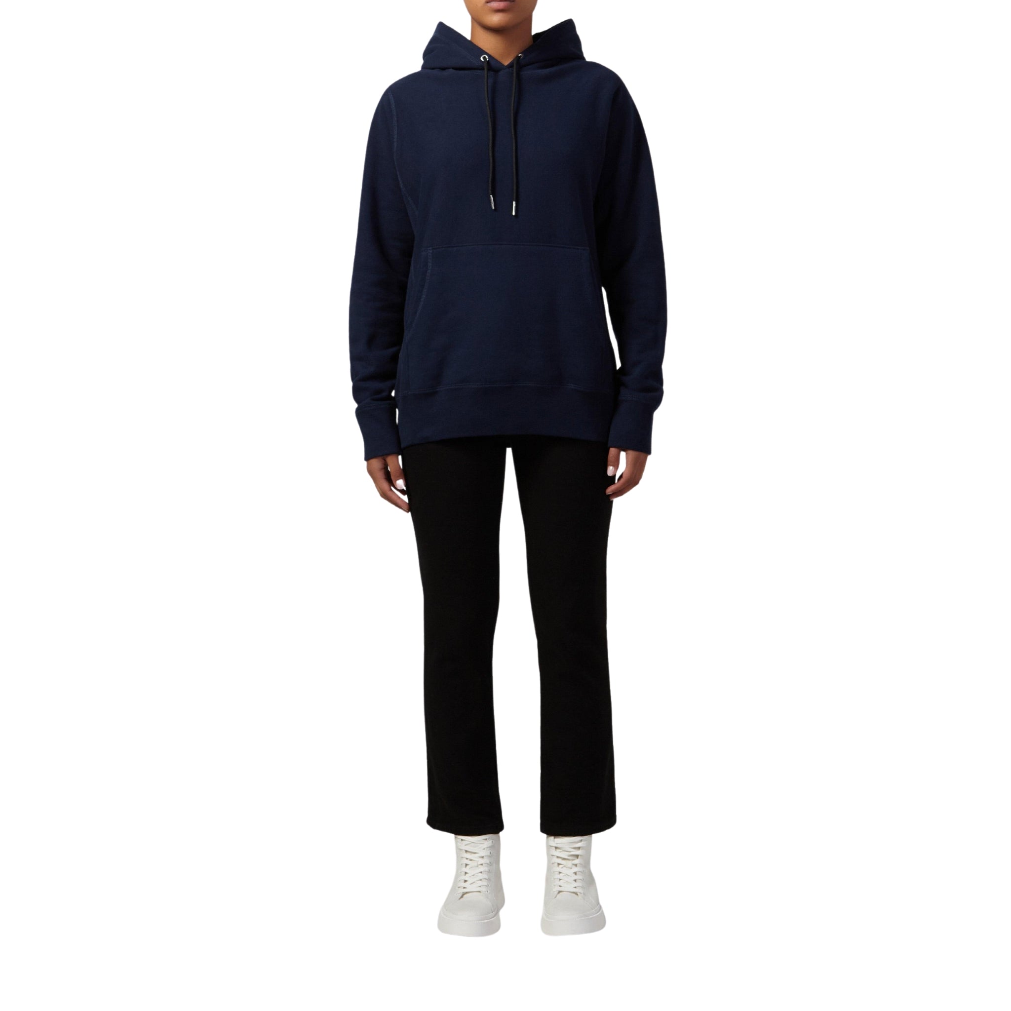 Female facing Front view of a Bedi' "second life" program navy hoodie against a white background