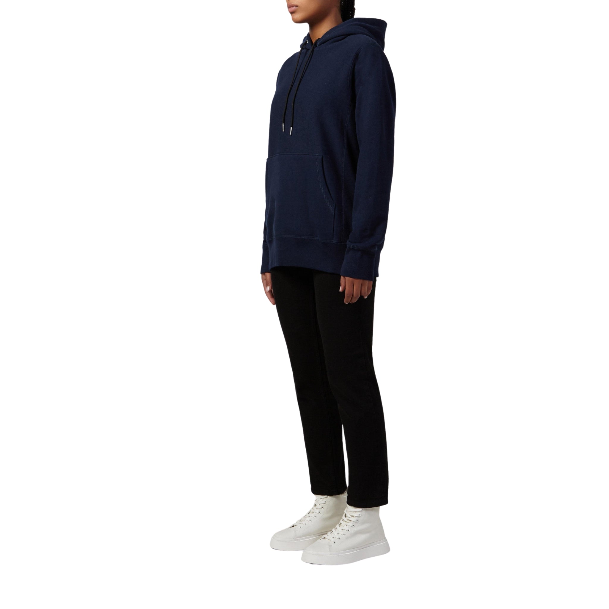 female side view of a Bedi' "second life" program navy hoodie against a white background