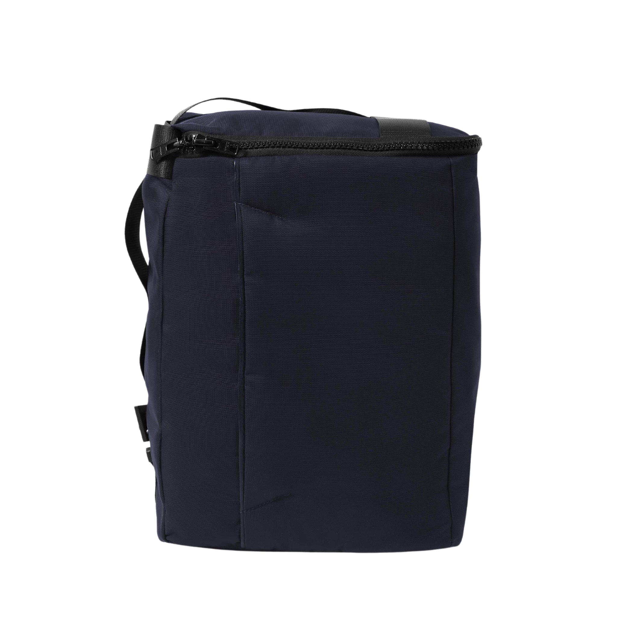 Front view of a  Bedi' "second life" program navy utilitarian style backpack against a white background