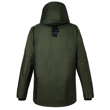 back view of a forrest Bedi' "second life" program. green coat against a white background